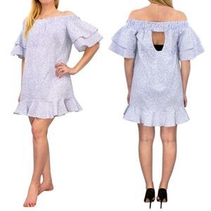 Romeo & Juliet Couture Blue White Seersucker Ruffle Tier Off Shoulder Dress L